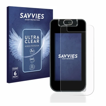 Front side of a product packaging with the brand logo Savvies. Next to it is the device Vtech Kidicom Advance 3.0 shown with t