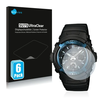 Front side of a product packaging with the brand logo Savvies. Next to it is the device Casio AWG M100 shown with the correspo