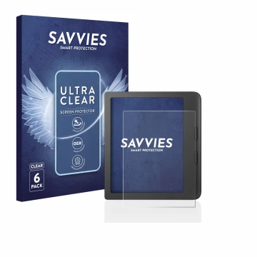 Front side of a product packaging with the brand logo Savvies. Next to it is the device Tolino Vision 6 shown with the corresp