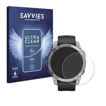 Front side of a product packaging with the brand logo Savvies. Next to it is the device Garmin Fenix 7 (47 mm) shown with the 