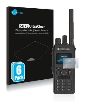 Front side of a product packaging with the brand logo Savvies. Next to it is the device Motorola MTP3550 shown with the corres
