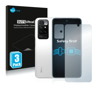 Front side of a product packaging with the brand logo Savvies. Next to it is the device Xiaomi Redmi 10 (Front+Camera) shown w