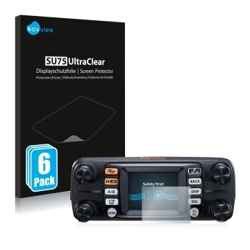 Front side of a product packaging with the brand logo Savvies. Next to it is the device Yaesu FTM-300DE shown with the corresp