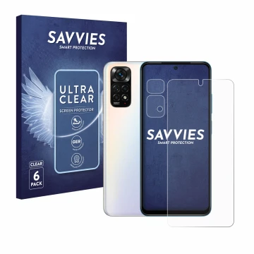 Front side of a product packaging with the brand logo Savvies. Next to it is the device Xiaomi Redmi Note 11S (Front+Camera) s