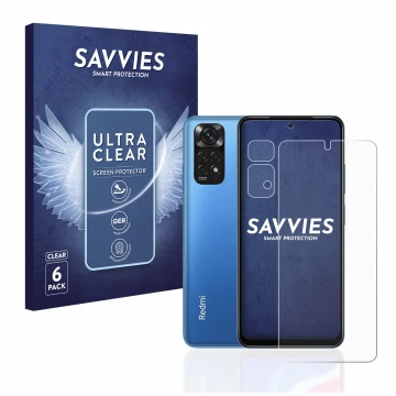 Front side of a product packaging with the brand logo Savvies. Next to it is the device Xiaomi Redmi Note 11 (Front+Camera) sh