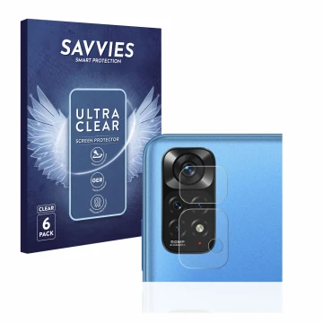 Front side of a product packaging with the brand logo Savvies. Next to it is the device Xiaomi Redmi Note 11 (ONLY Camera Lens