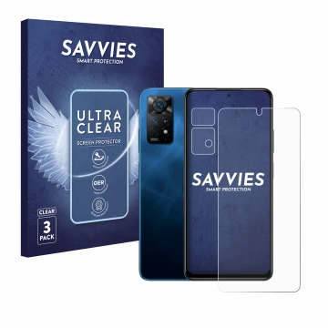 Front side of a product packaging with the brand logo Savvies. Next to it is the device Xiaomi Redmi Note 11 Pro 5G (Front+Cam