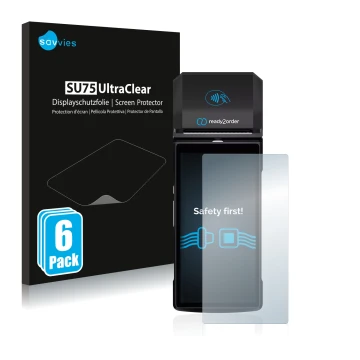 Front side of a product packaging with the brand logo Savvies. Next to it is the device Ready2order ReadyGo shown with the cor