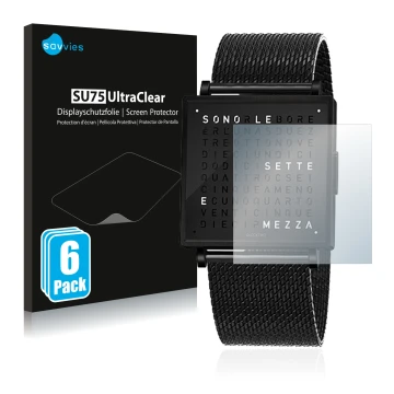 Front side of a product packaging with the brand logo Savvies. Next to it is the device Qlocktwo W35 shown with the correspond