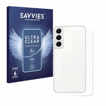 Front side of a product packaging with the brand logo Savvies. Next to it is the device Samsung Galaxy S22 5G (Back) shown wit