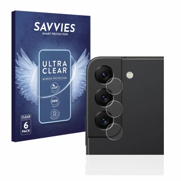 Front side of a product packaging with the brand logo Savvies. Next to it is the device Samsung Galaxy S22 5G (ONLY Camera Len