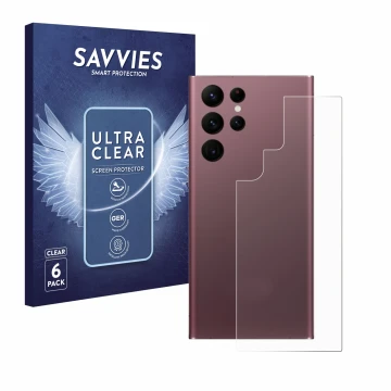 Front side of a product packaging with the brand logo Savvies. Next to it is the device Samsung Galaxy S22 Ultra 5G (Back) sho