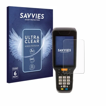 Front side of a product packaging with the brand logo Savvies. Next to it is the device Datalogic Skorpio X5 shown with the co