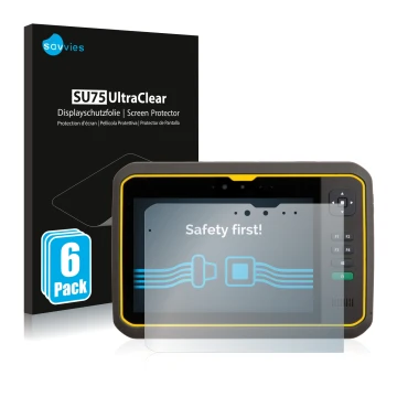 Front side of a product packaging with the brand logo Savvies. Next to it is the device Trimble T7 shown with the correspondin