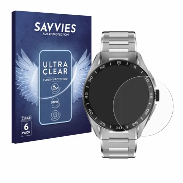 Front side of a product packaging with the brand logo Savvies. Next to it is the device TAG Heuer Connected Calibre E4 (45 mm)
