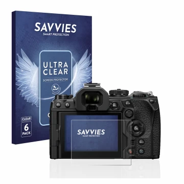 Front side of a product packaging with the brand logo Savvies. Next to it is the device Olympus OM-1 2022 shown with the corre