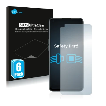 Front side of a product packaging with the brand logo Savvies. Next to it is the device OnePlus Nord CE 2 5G shown with the co