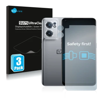 Front side of a product packaging with the brand logo Savvies. Next to it is the device OnePlus Nord CE 2 5G (Front+Camera) sh