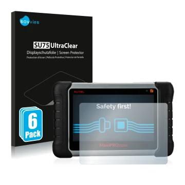 Front side of a product packaging with the brand logo Savvies. Next to it is the device Autel MaxiPRO MP808TS shown with the c