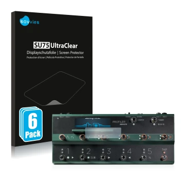 Front side of a product packaging with the brand logo Savvies. Next to it is the device Kemper Profiler Remote shown with the 