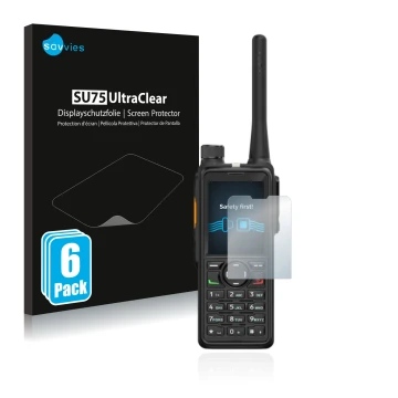 Front side of a product packaging with the brand logo Savvies. Next to it is the device Hytera HP785 shown with the correspond