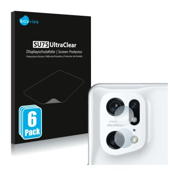 Front side of a product packaging with the brand logo Savvies. Next to it is the device Oppo Find X5 Pro (ONLY Camera Lens) sh