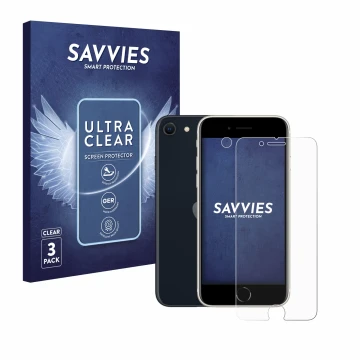 Front side of a product packaging with the brand logo Savvies. Next to it is the device Apple iPhone SE 3 2022 (Front+Camera) 