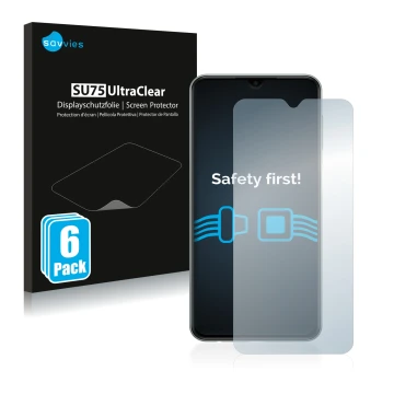 Front side of a product packaging with the brand logo Savvies. Next to it is the device Samsung Galaxy M33 shown with the corr