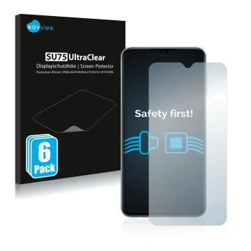 Front side of a product packaging with the brand logo Savvies. Next to it is the device Samsung Galaxy M23 shown with the corr