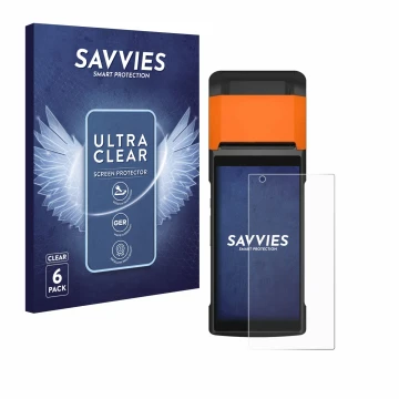 Front side of a product packaging with the brand logo Savvies. Next to it is the device Sunmi V2s shown with the corresponding