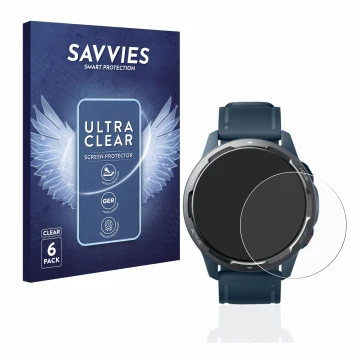 Front side of a product packaging with the brand logo Savvies. Next to it is the device Xiaomi Watch S1 Active shown with the 