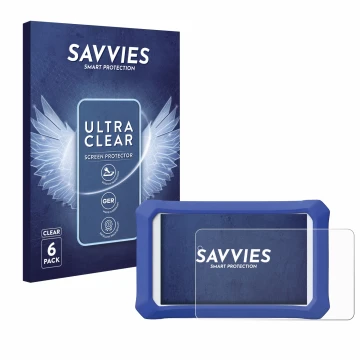 Front side of a product packaging with the brand logo Savvies. Next to it is the device Clementoni Clempad X Revolution shown 