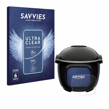 Front side of a product packaging with the brand logo Savvies. Next to it is the device Krups Cook4me Touch Wifi shown with th
