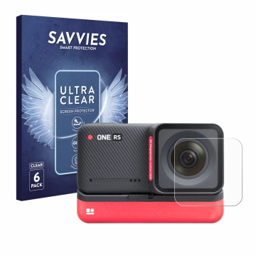 Front side of a product packaging with the brand logo Savvies. Next to it is the device Insta360 One RS 4K Edition (Lens) show