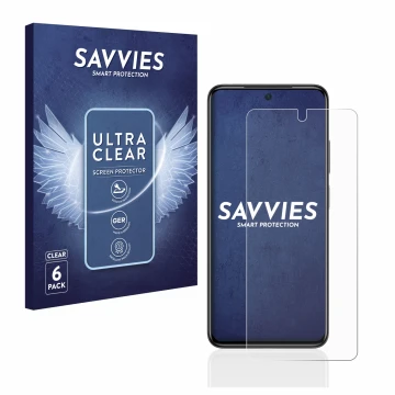 Front side of a product packaging with the brand logo Savvies. Next to it is the device Xiaomi Poco M4 Pro shown with the corr