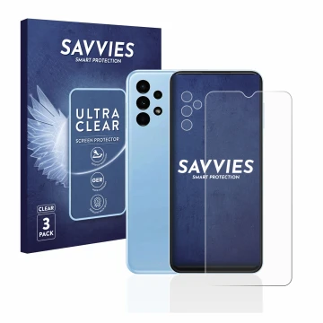Front side of a product packaging with the brand logo Savvies. Next to it is the device Samsung Galaxy A13 (Front+Camera) show
