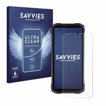 Front side of a product packaging with the brand logo Savvies. Next to it is the device Doogee S98 shown with the correspondin