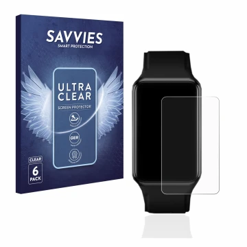 Front side of a product packaging with the brand logo Savvies. Next to it is the device Oppo Watch Free shown with the corresp