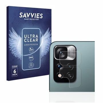 Front side of a product packaging with the brand logo Savvies. Next to it is the device Xiaomi Redmi Note 11 Pro+ 5G (ONLY Cam