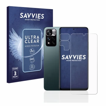 Front side of a product packaging with the brand logo Savvies. Next to it is the device Xiaomi Redmi Note 11 Pro+ 5G (Front+Ca