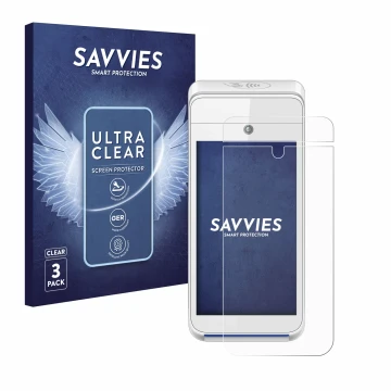 Front side of a product packaging with the brand logo Savvies. Next to it is the device Pax A920 shown with the corresponding 