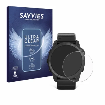 Front side of a product packaging with the brand logo Savvies. Next to it is the device Garmin Tactix 7 Pro Ballistics shown w