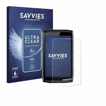 Front side of a product packaging with the brand logo Savvies. Next to it is the device Crosscall Core T5 shown with the corre