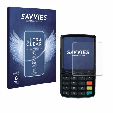 Front side of a product packaging with the brand logo Savvies. Next to it is the device ingenico Link/2500 shown with the corr