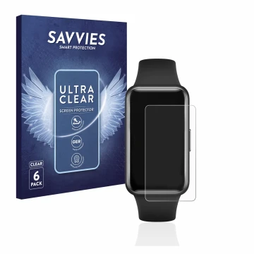 Front side of a product packaging with the brand logo Savvies. Next to it is the device Huawei Band 7 shown with the correspon