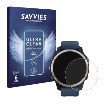 Front side of a product packaging with the brand logo Savvies. Next to it is the device Garmin quatix 7 shown with the corresp