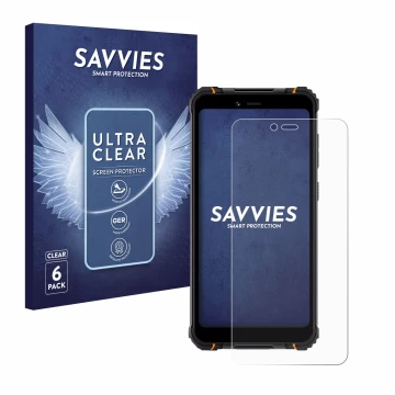 Front side of a product packaging with the brand logo Savvies. Next to it is the device Hotwav T5 Pro shown with the correspon