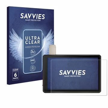 Front side of a product packaging with the brand logo Savvies. Next to it is the device Garmin Tread Overland Edition 8
