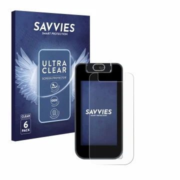 Front side of a product packaging with the brand logo Savvies. Next to it is the device Vtech KidiBuzz 3 shown with the corres