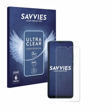 Front side of a product packaging with the brand logo Savvies. Next to it is the device Xiaomi Redmi 10C shown with the corres